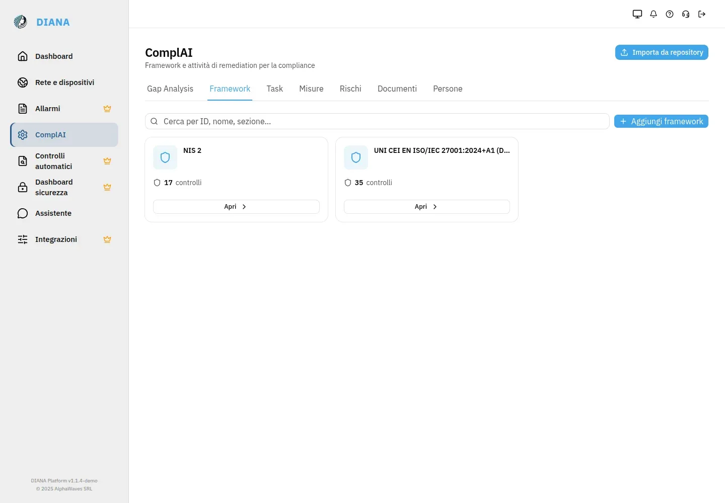 Framework tab with activated frameworks