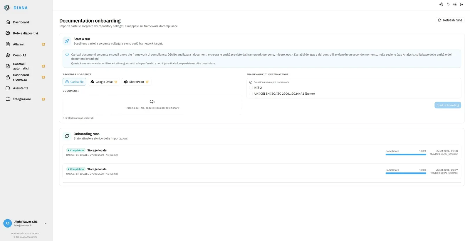 Document onboarding flow with the destination frameworks selected