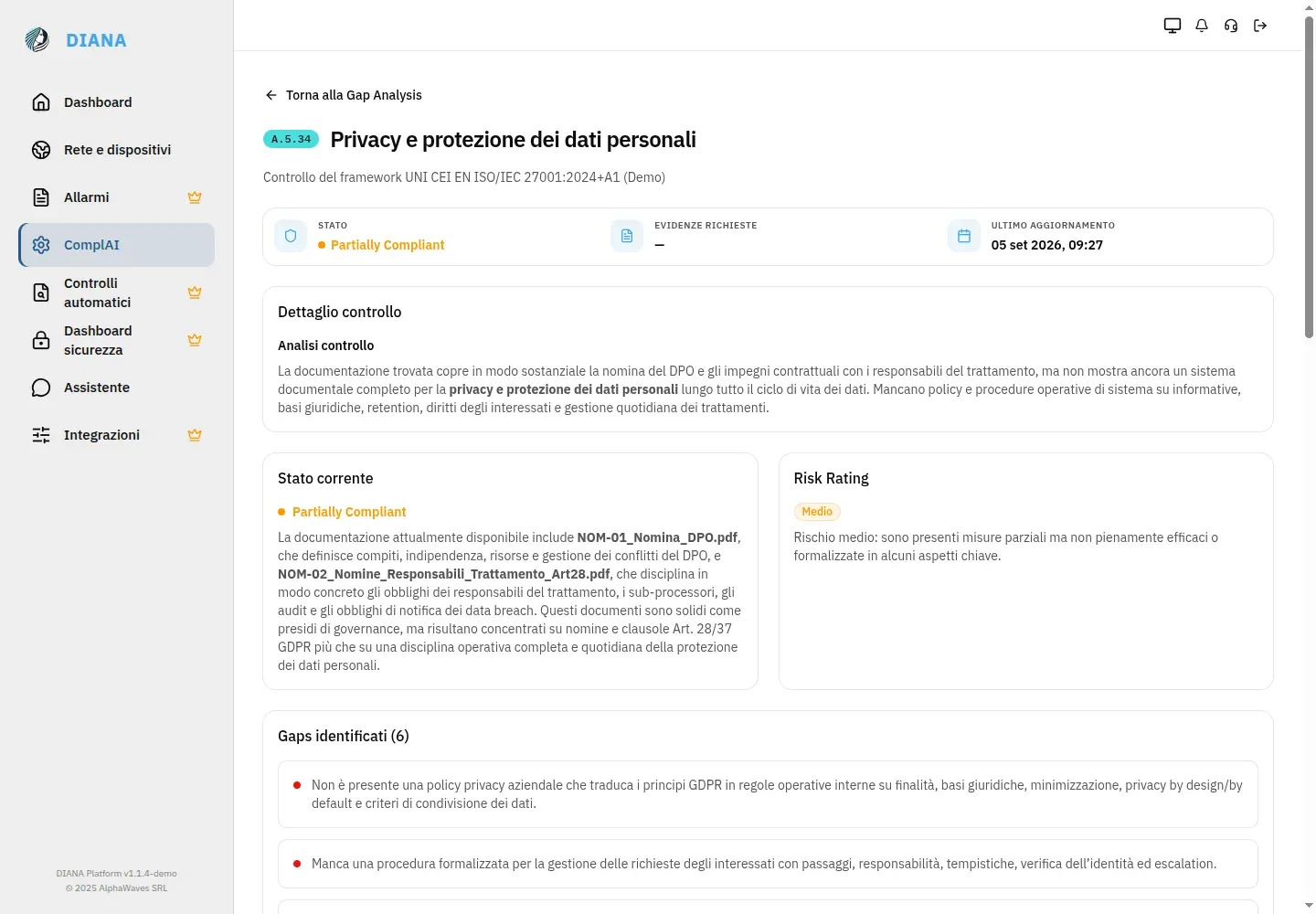 Control detail with gaps and remediation actions