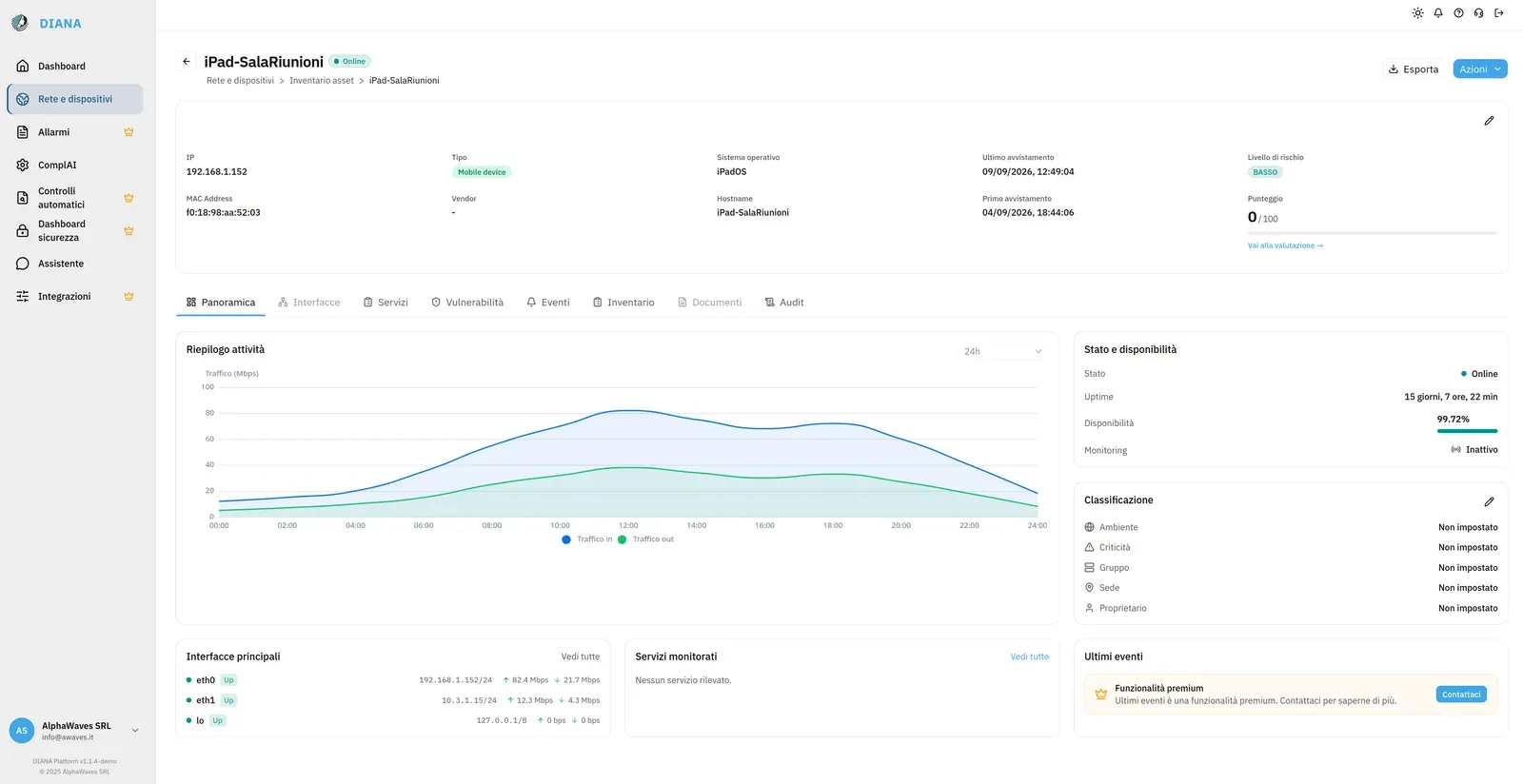 Device detail card with services, vulnerabilities and events